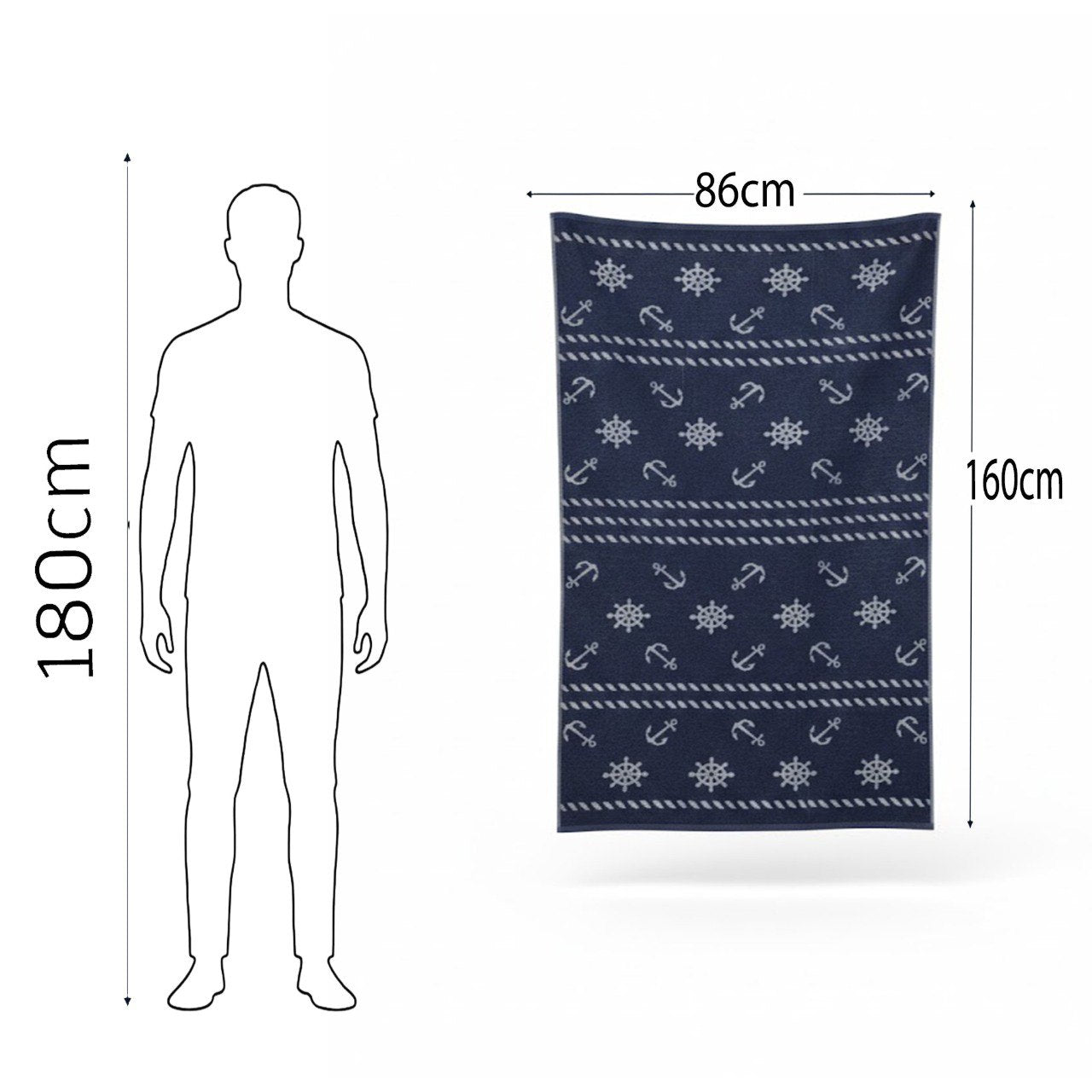 Beach Towel, 100% Cotton, Size 86*160 cm, Nautical Anchor & Helm Pattern