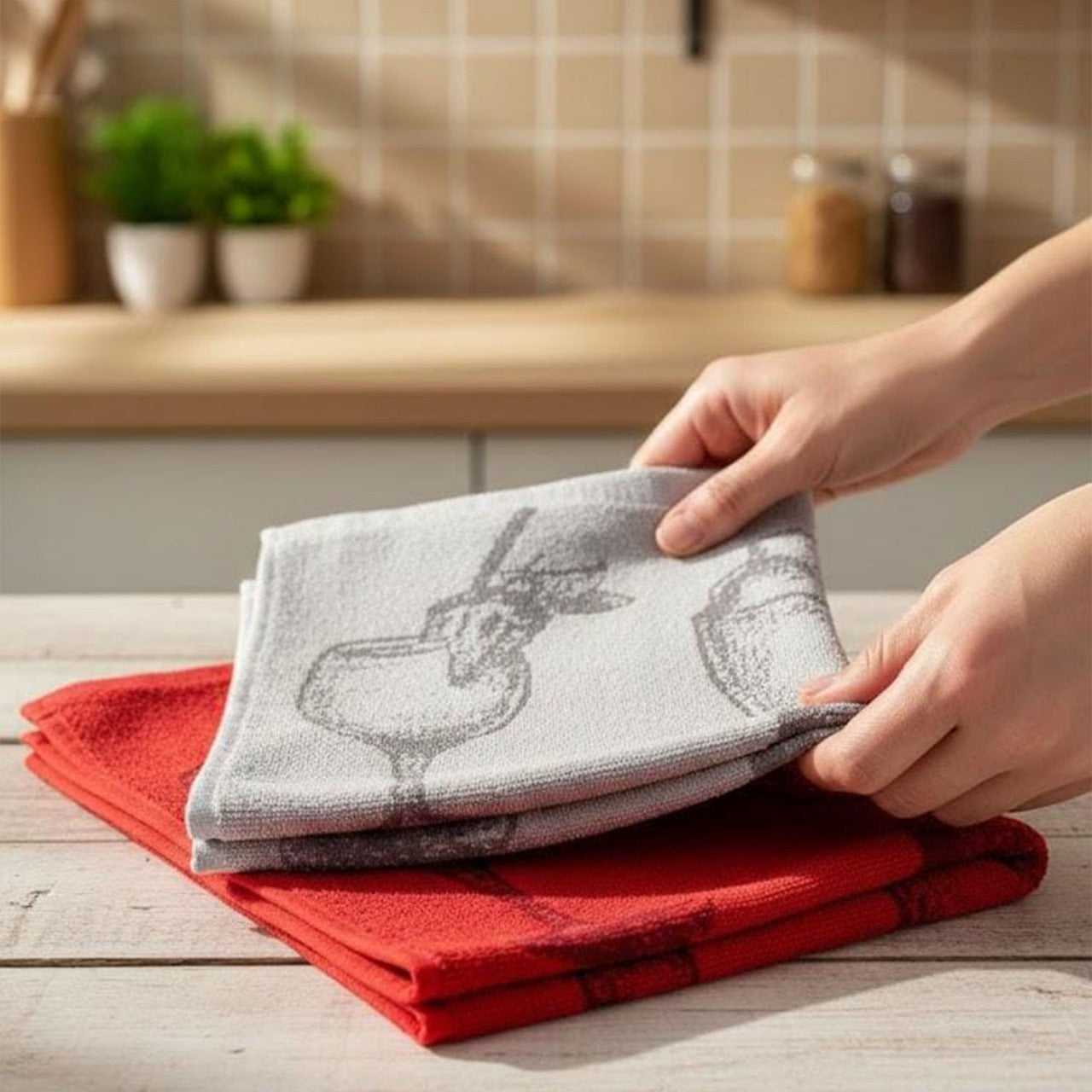 Kitchen Towels Set -2 Pieces, terry , grey and red, 45*65 cm