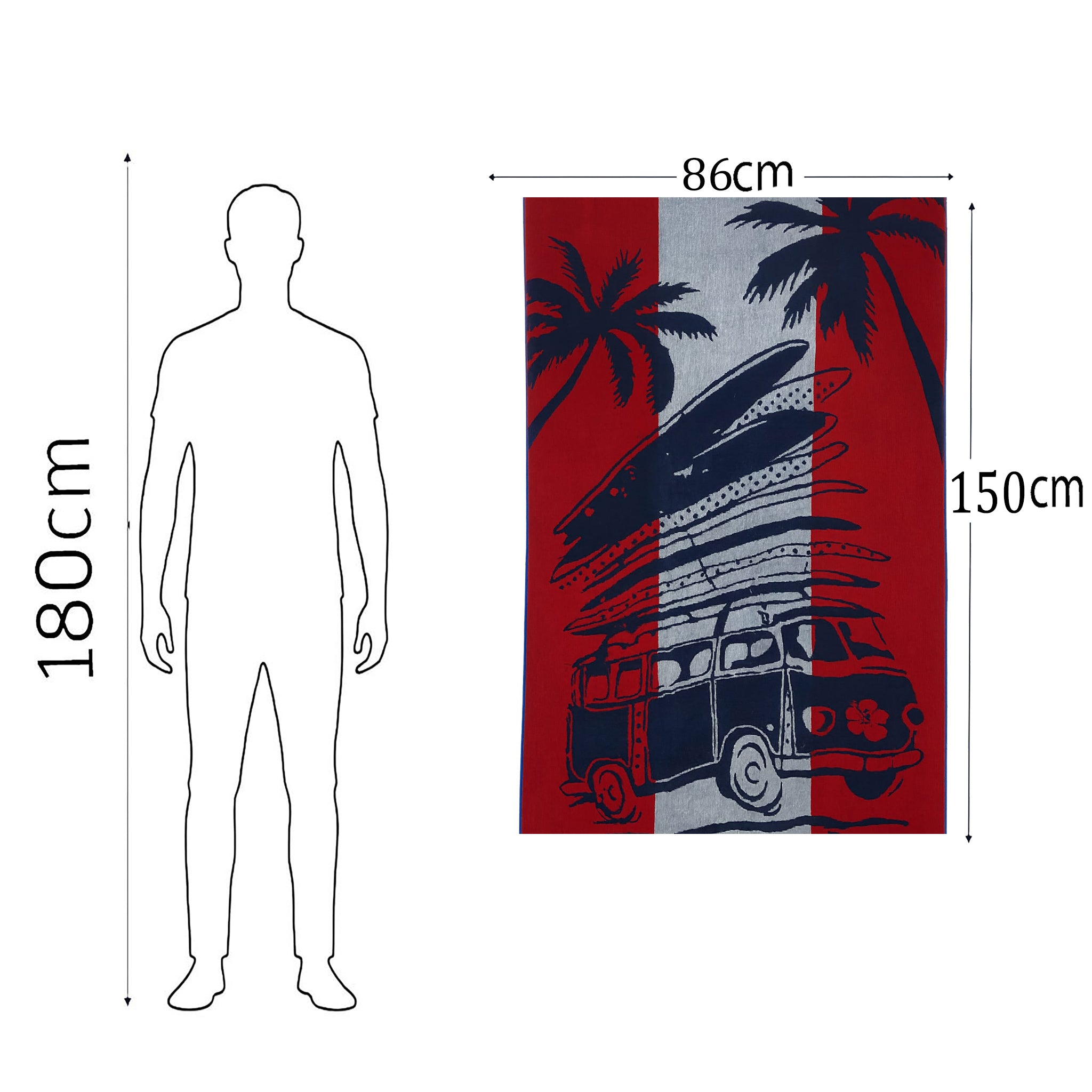 Beach Towel, 100% Cotton, Size 86*160 cm, Sun & Surf Retro Van Design