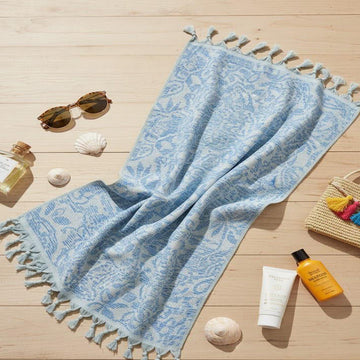 Beach Towel, 100% Cotton ,size 95 x 170  cm , Elegant Damask Blue Tassel