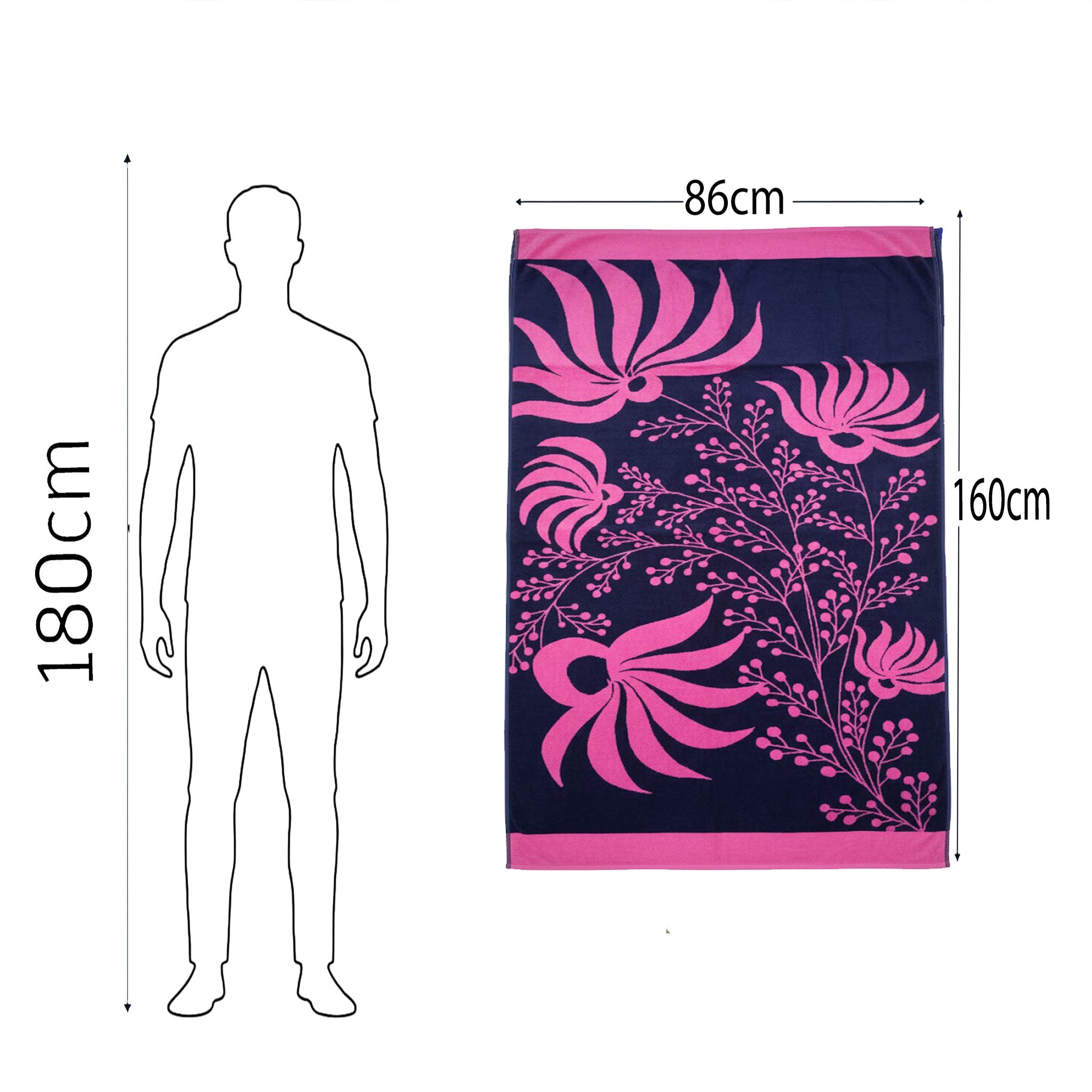 Beach Towel, 100% Cotton, 86x160 cm, Pink Lotus & Floral Navy Design