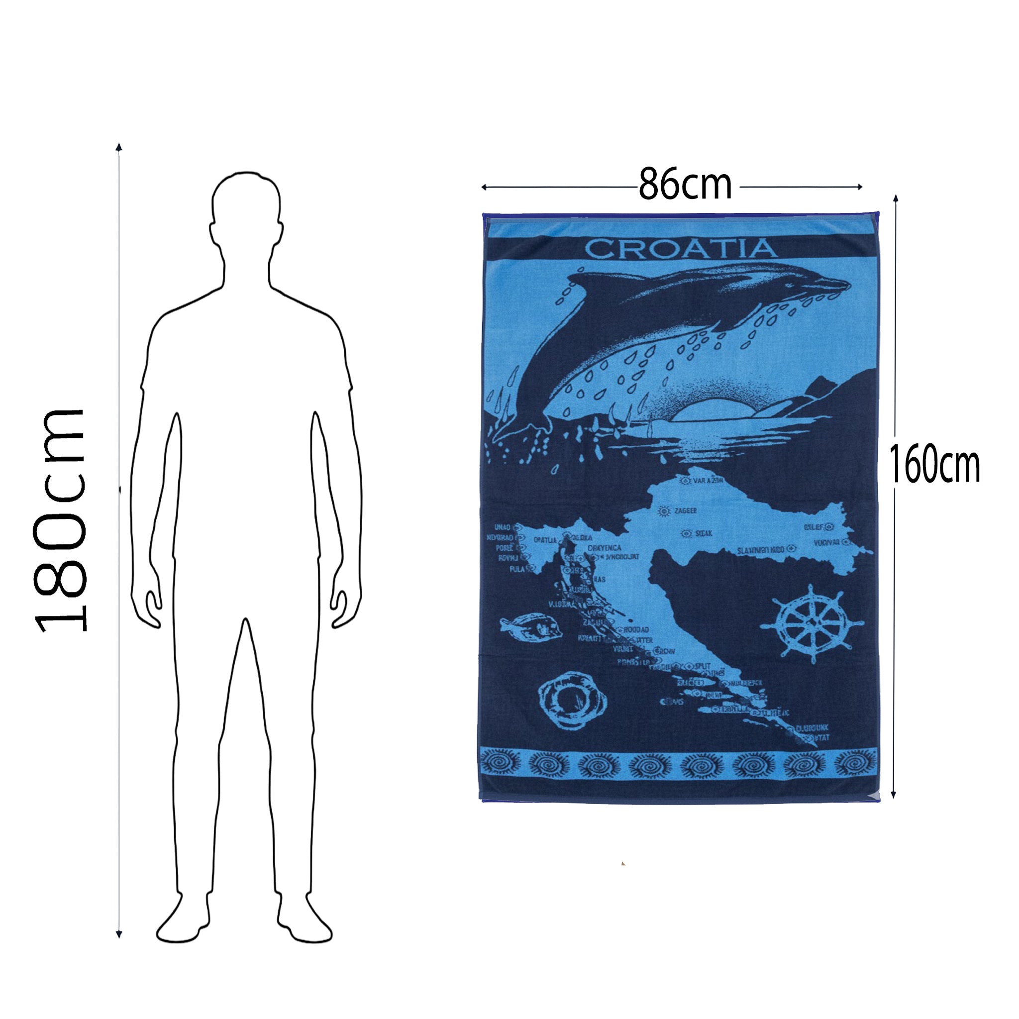 Beach Towel, 100% Cotton, 86x160 cm, Croatia Dolphin & Coastal Map Design