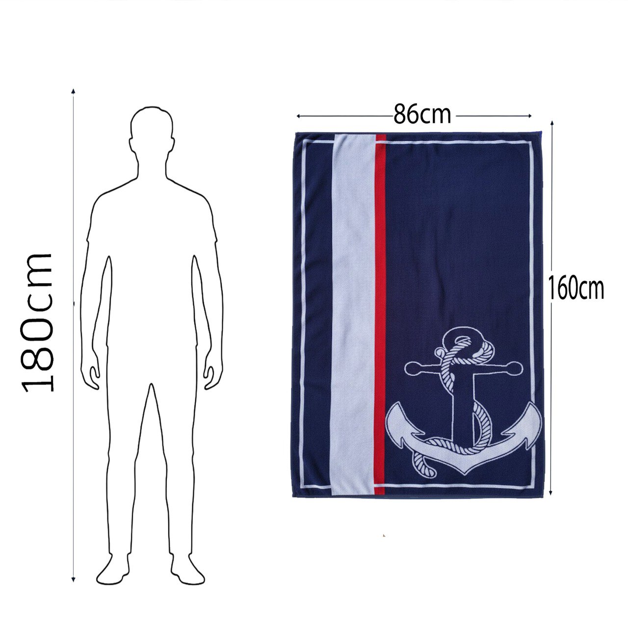Beach Towel, 100% Cotton, Size 86*160 cm, Nautical Balaton Anchor Design