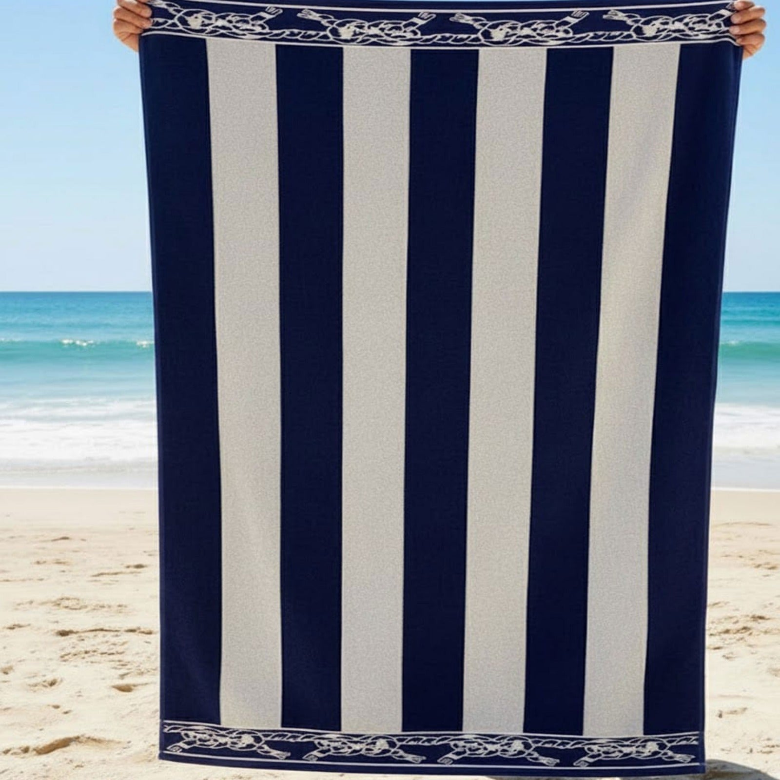 Beach Towel, 100% cotton, stripe navy and beige, size 86*160