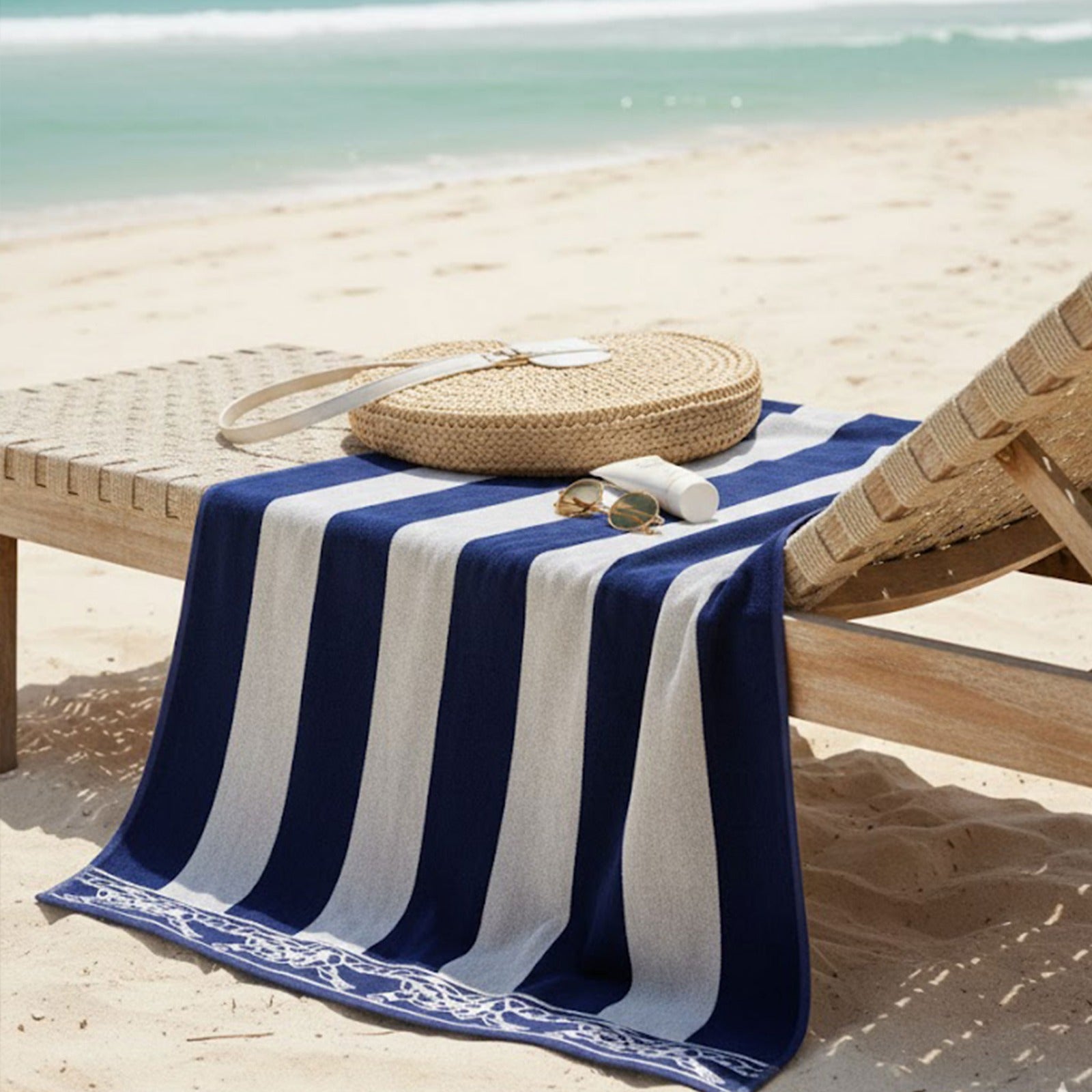 Beach Towel, 100% cotton, stripe navy and beige, size 86*160
