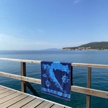Beach Towel, 100% Cotton, 86x160 cm, Croatia Dolphin & Coastal Map Design