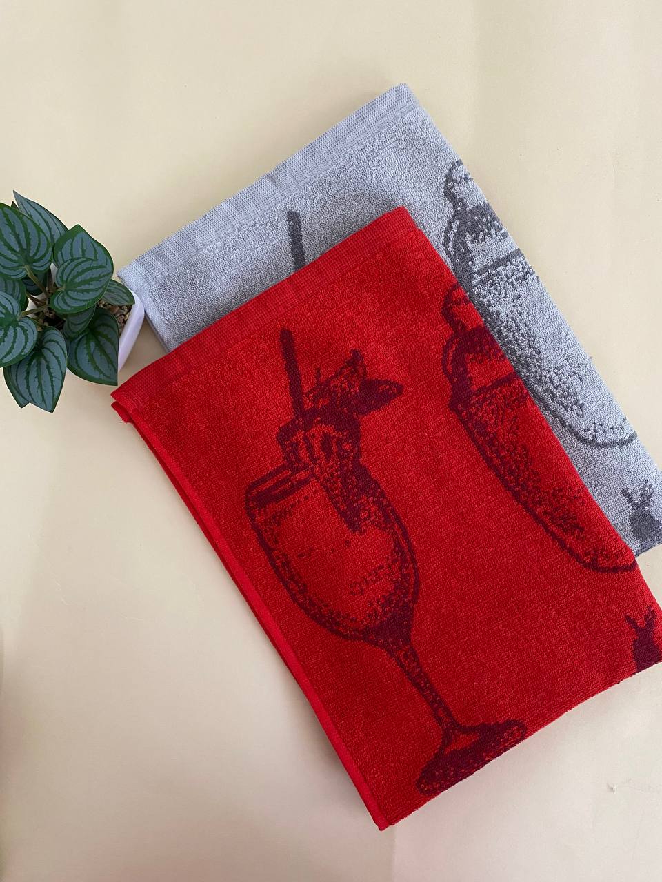 Kitchen Towels Set -2 Pieces, terry , grey and red, 45*65 cm