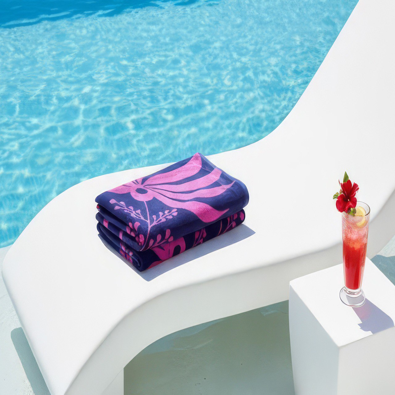 Beach Towel, 100% Cotton, 86x160 cm, Pink Lotus & Floral Navy Design