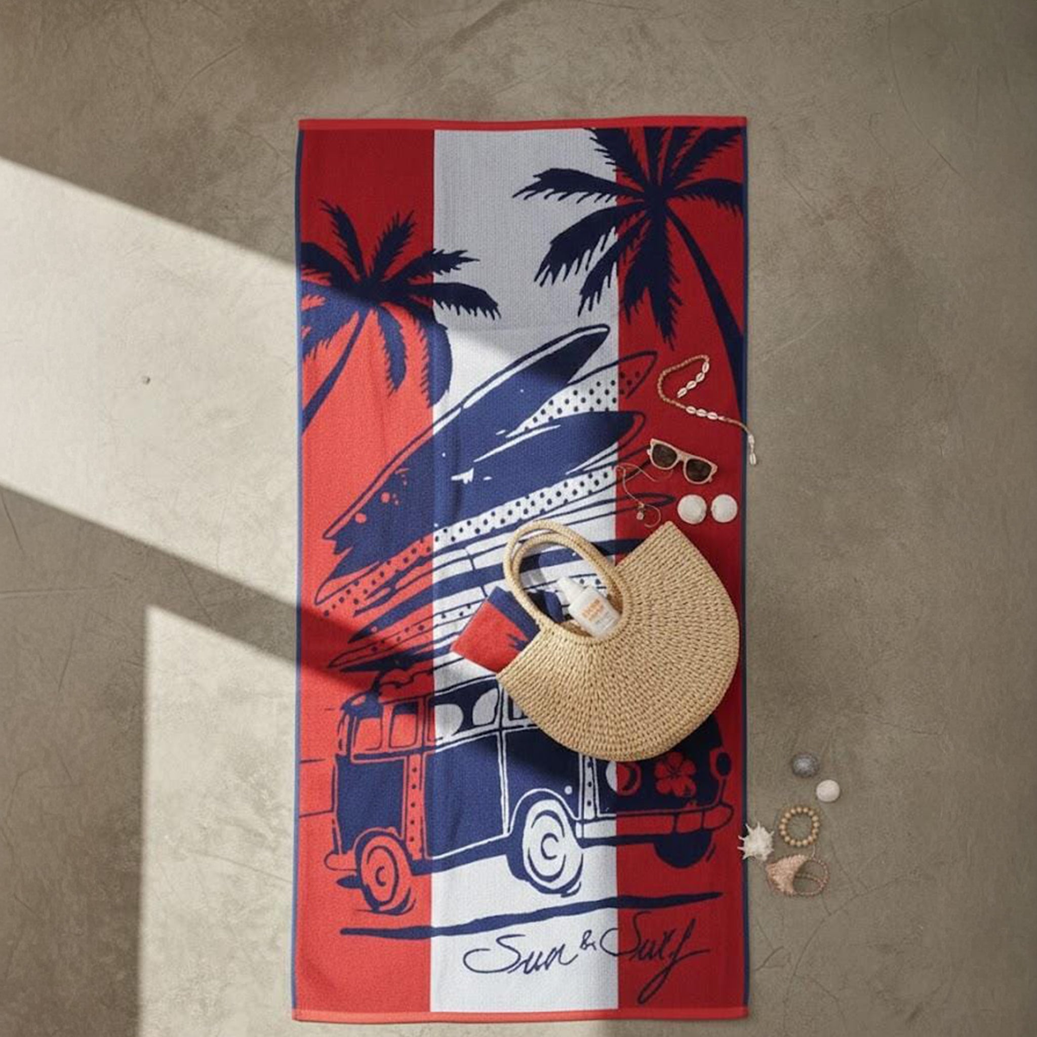 Beach Towel, 100% Cotton, Size 86*160 cm, Sun & Surf Retro Van Design