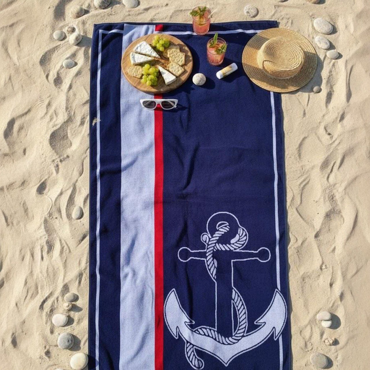 Beach Towel, 100% Cotton, Size 86*160 cm, Nautical Balaton Anchor Design