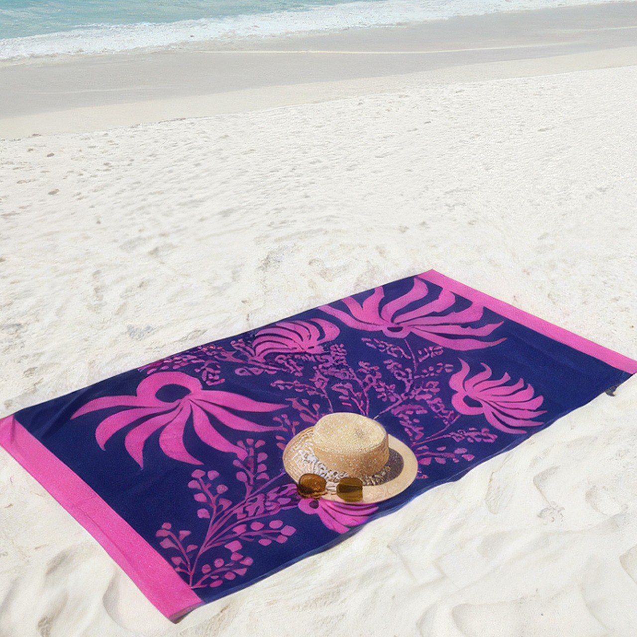 Beach Towel, 100% Cotton, 86x160 cm, Pink Lotus & Floral Navy Design