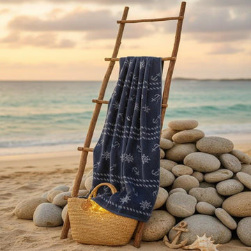 Beach Towel, 100% Cotton, Size 86*160 cm, Nautical Anchor & Helm Pattern
