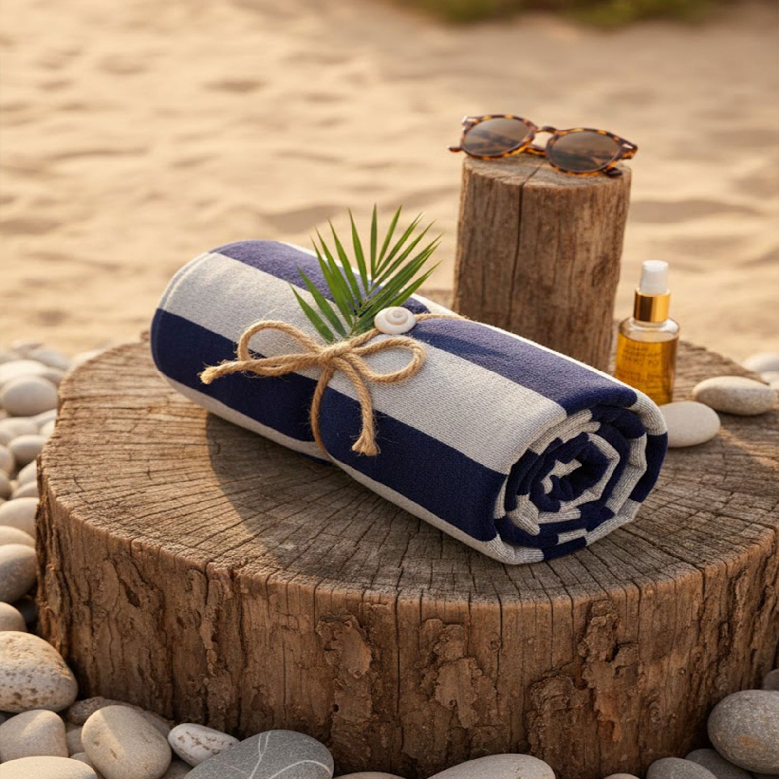 Beach Towel, 100% cotton, stripe navy and beige, size 86*160