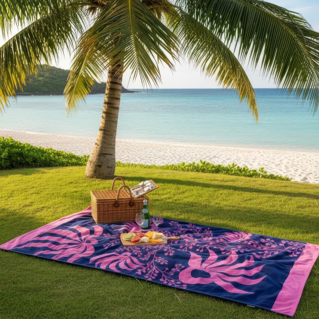 Beach Towel, 100% Cotton, 86x160 cm, Pink Lotus & Floral Navy Design