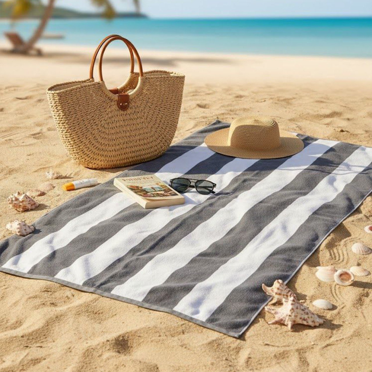 Beach Towel, 100% Cotton, Striped white and grey, terry, size 100*200