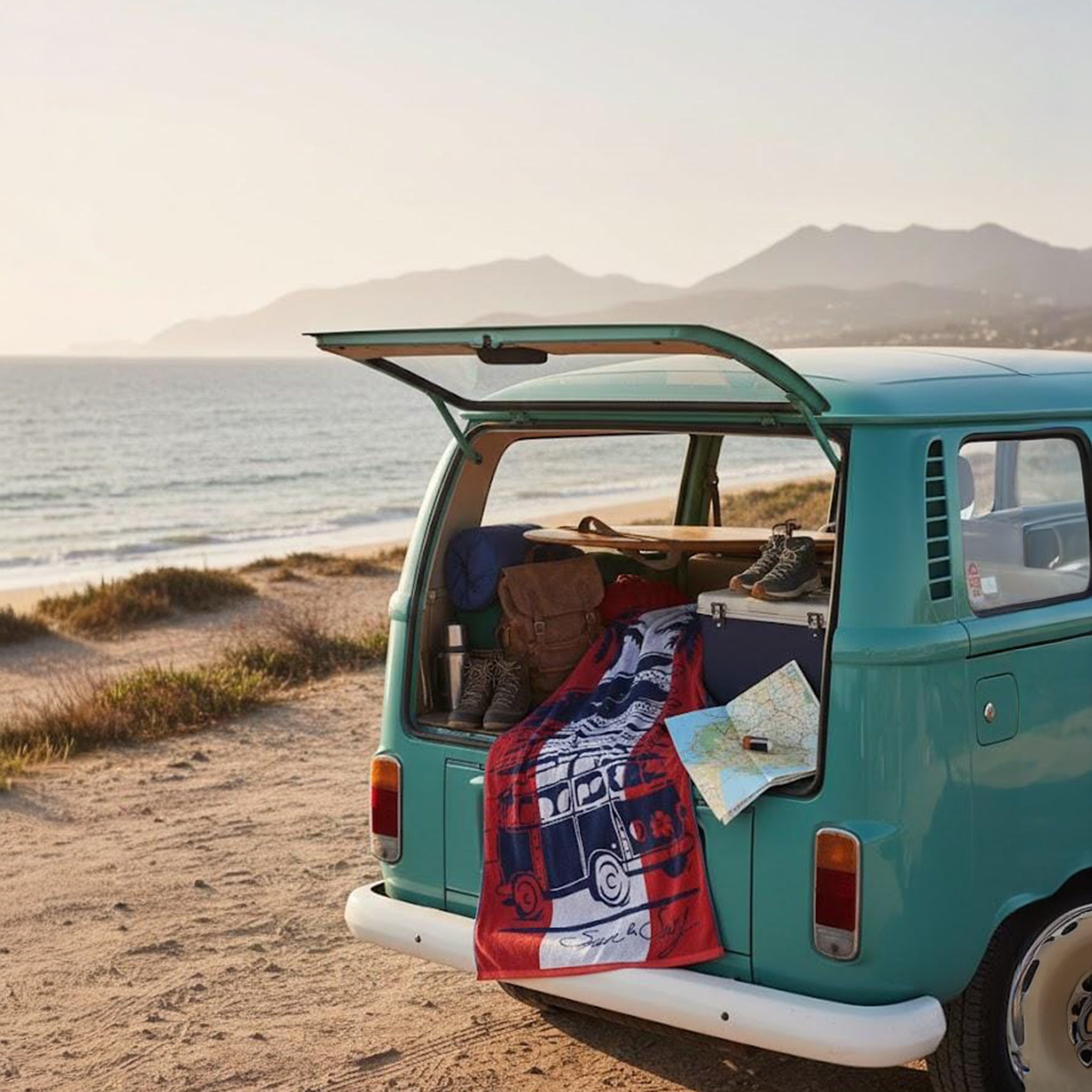 Beach Towel, 100% Cotton, Size 86*160 cm, Sun & Surf Retro Van Design