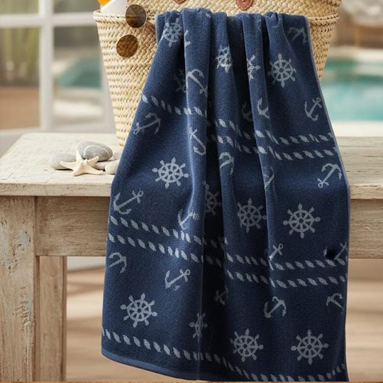 Beach Towel, 100% Cotton, Size 86*160 cm, Nautical Anchor & Helm Pattern