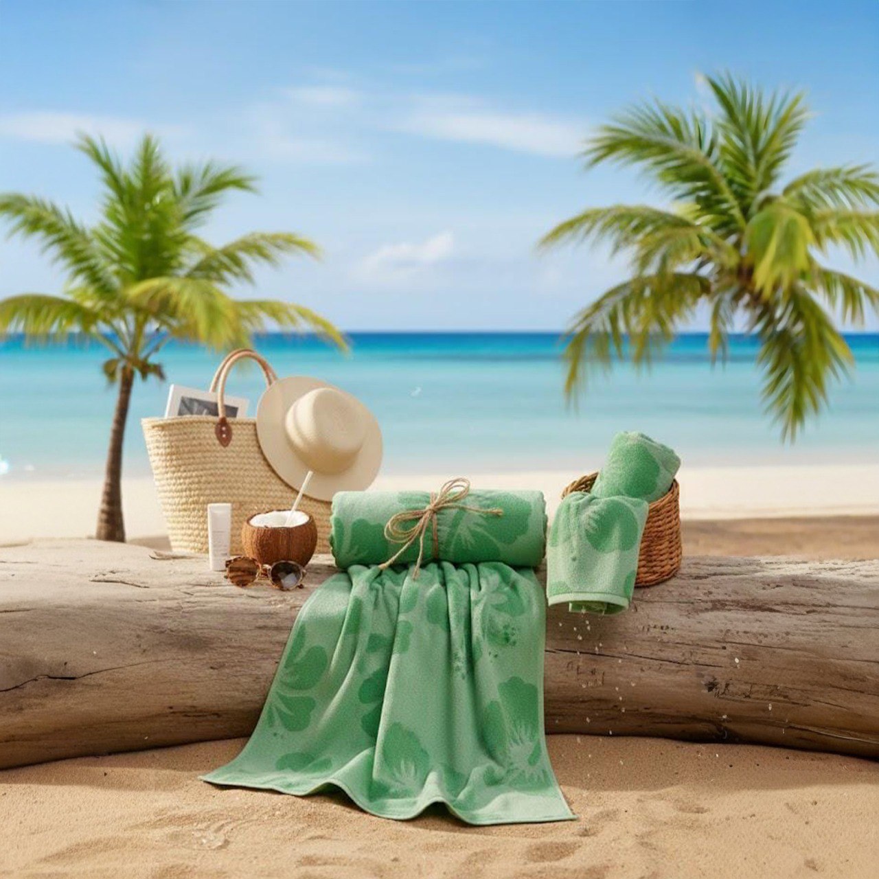 Beach Towel, 100% Cotton, 90x170 cm, Tropical Hibiscus Velour Design