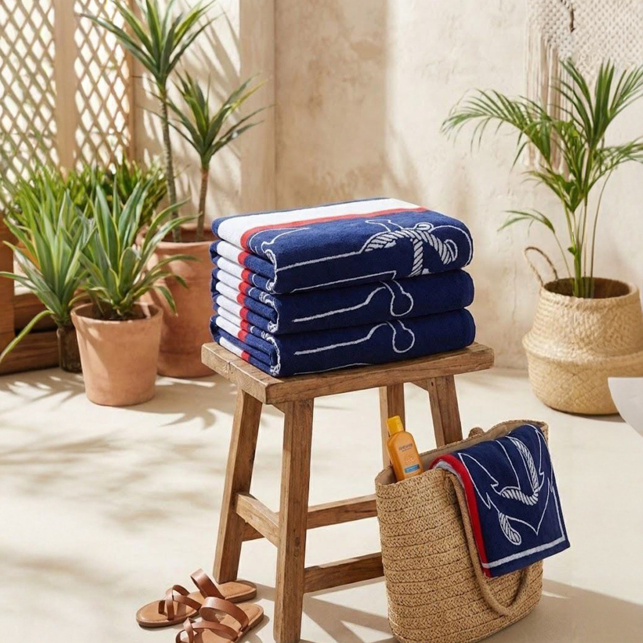 Beach Towel, 100% Cotton, Size 86*160 cm, Nautical Balaton Anchor Design