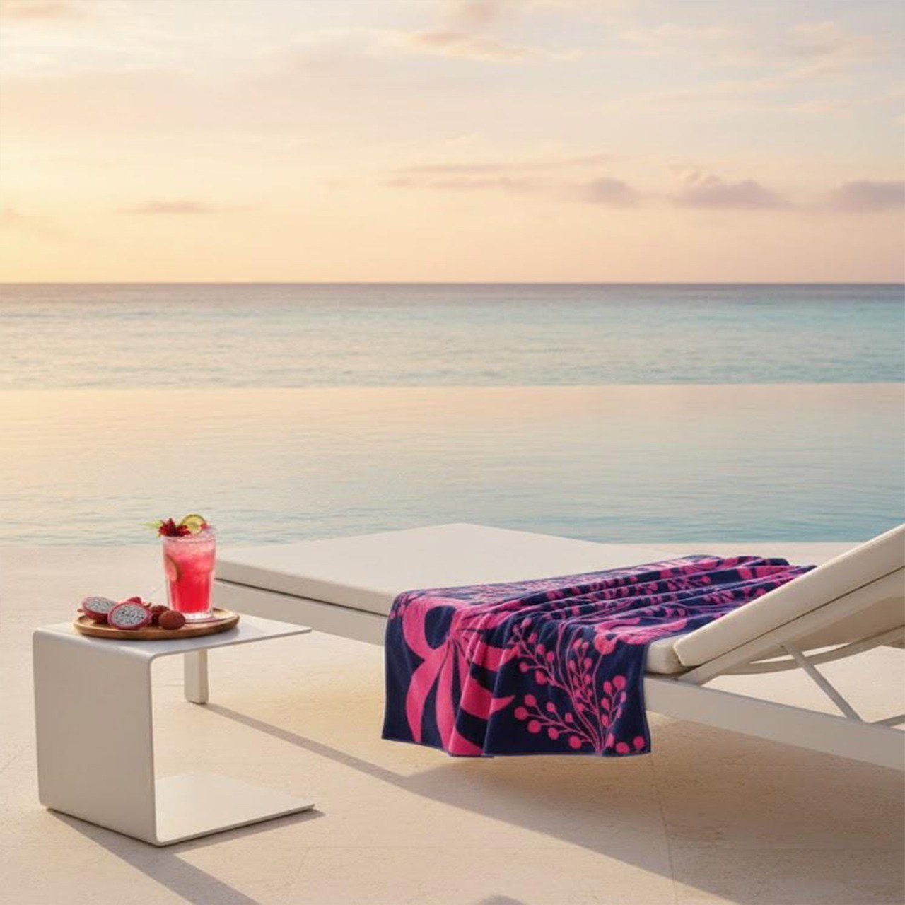Beach Towel, 100% Cotton, 86x160 cm, Pink Lotus & Floral Navy Design