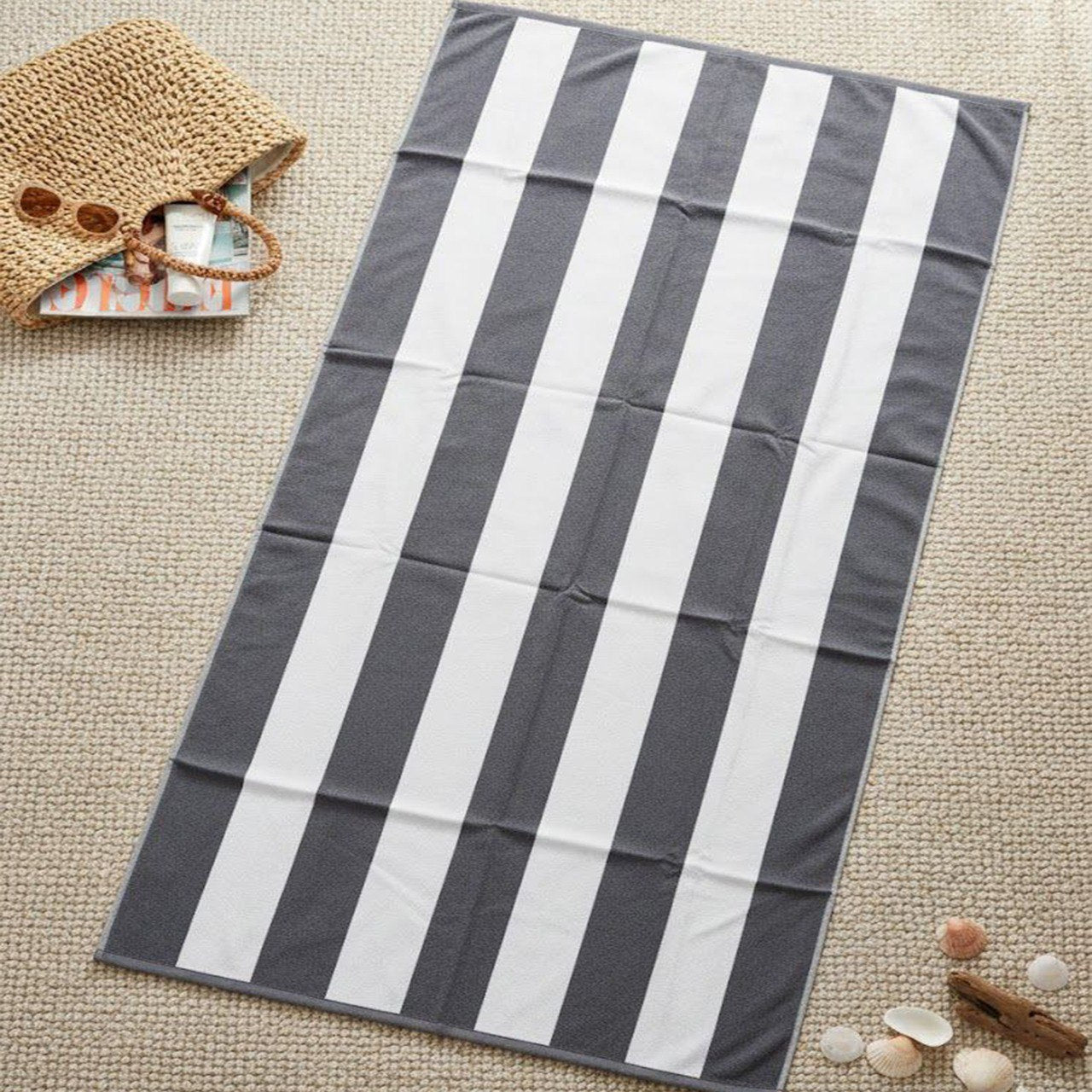 Beach Towel, 100% Cotton, Striped white and grey, terry, size 100*200