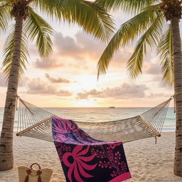 Beach Towel, 100% Cotton, 86x160 cm, Pink Lotus & Floral Navy Design