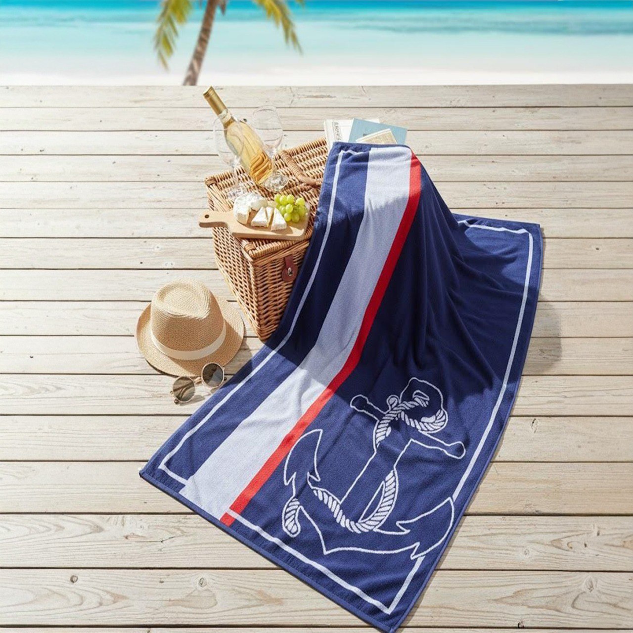 Beach Towel, 100% Cotton, Size 86*160 cm, Nautical Balaton Anchor Design