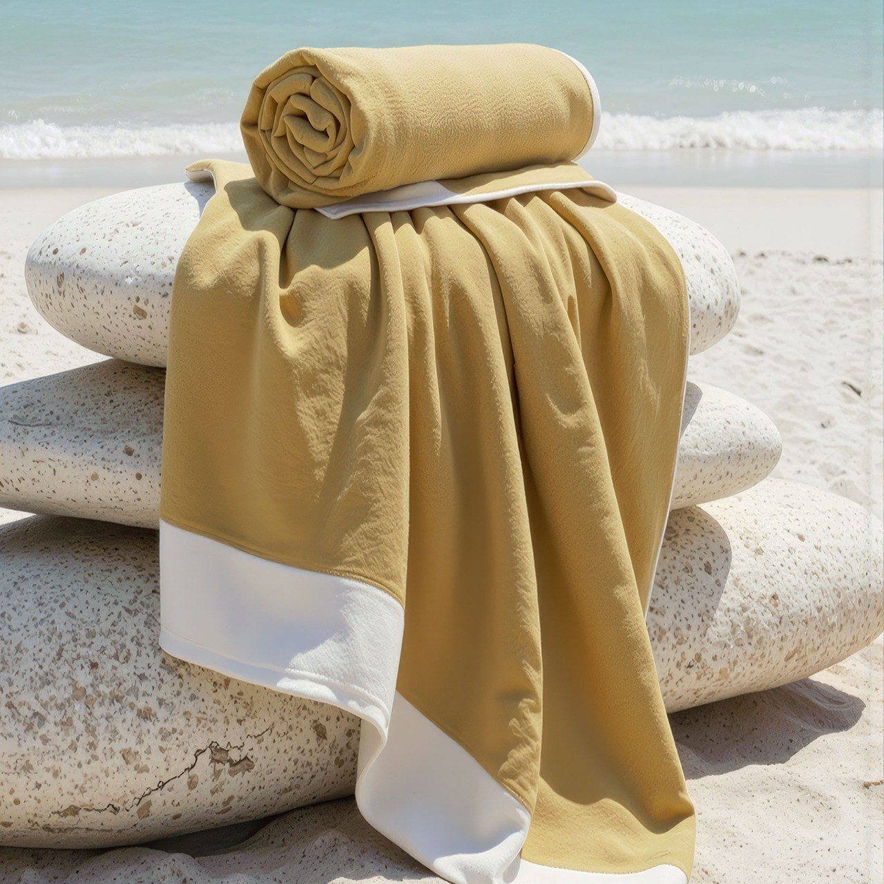 Beach Towel, 100% Cotton ,Beige with white frame , size 86*160