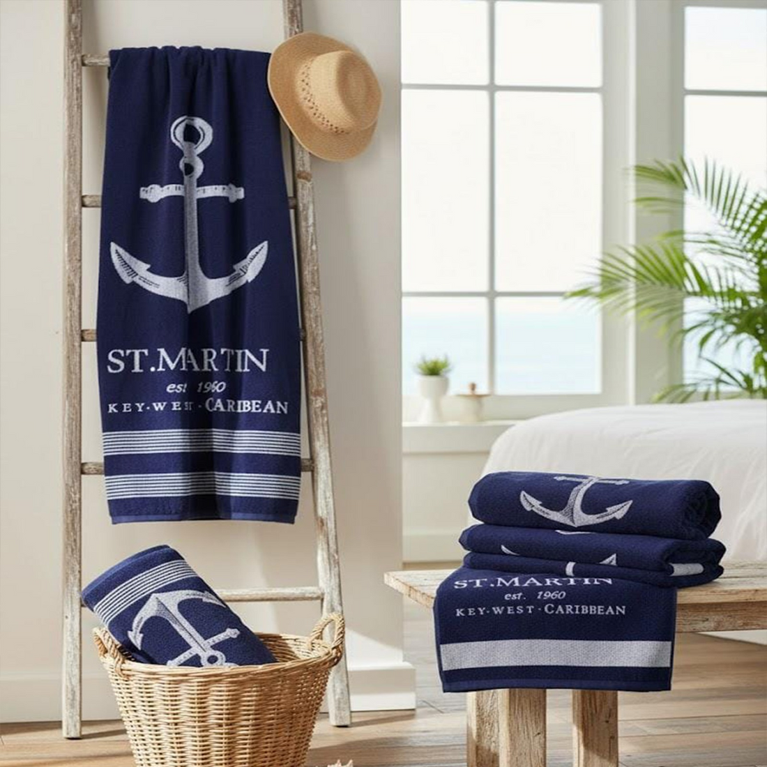 Beach Towel, 100% Cotton ,size 160*86,St. Martin Nautical Anchor Design