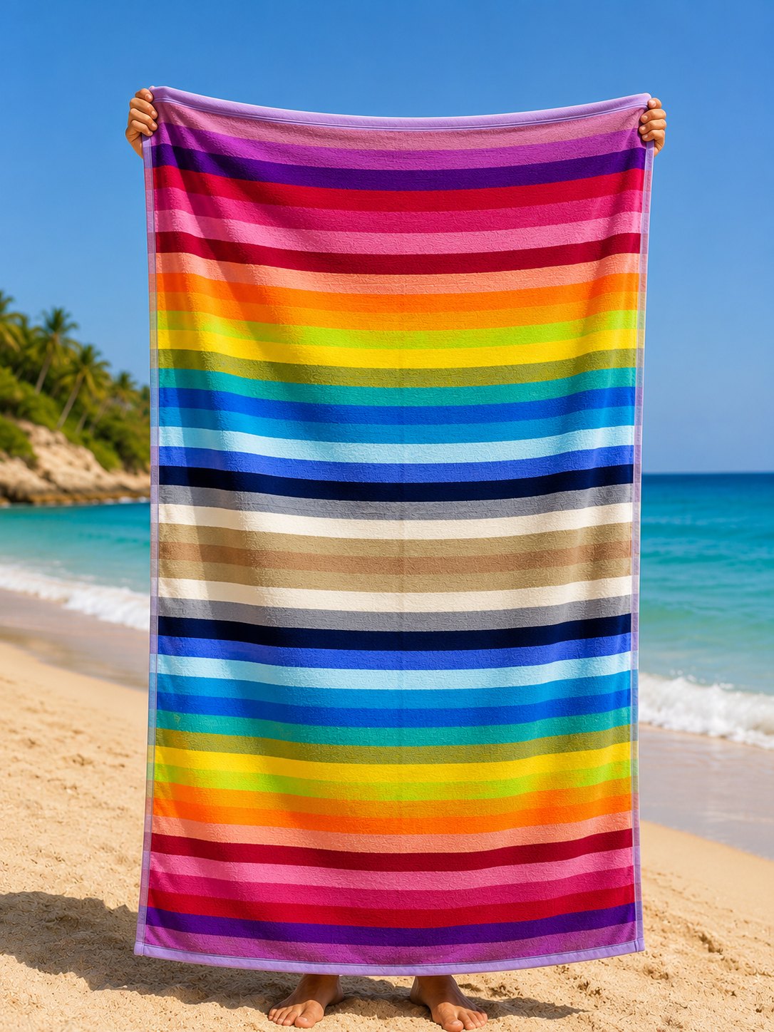 Beach towel , 86 x 160 , 100% cotton ,Highly absorbent , Vibrant Rainbow Stripes Beach Towel