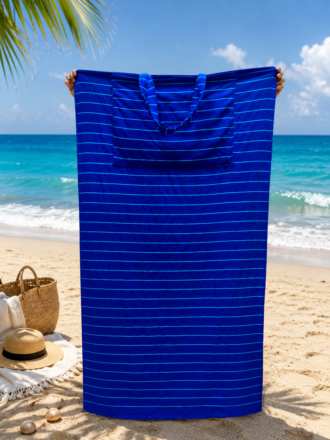 Convertible Beach Towel Bag ,86*170 , 100% natural cotton , 2-in-1 Beach Towel & Tote Bag ,Flat Front & Terry Back