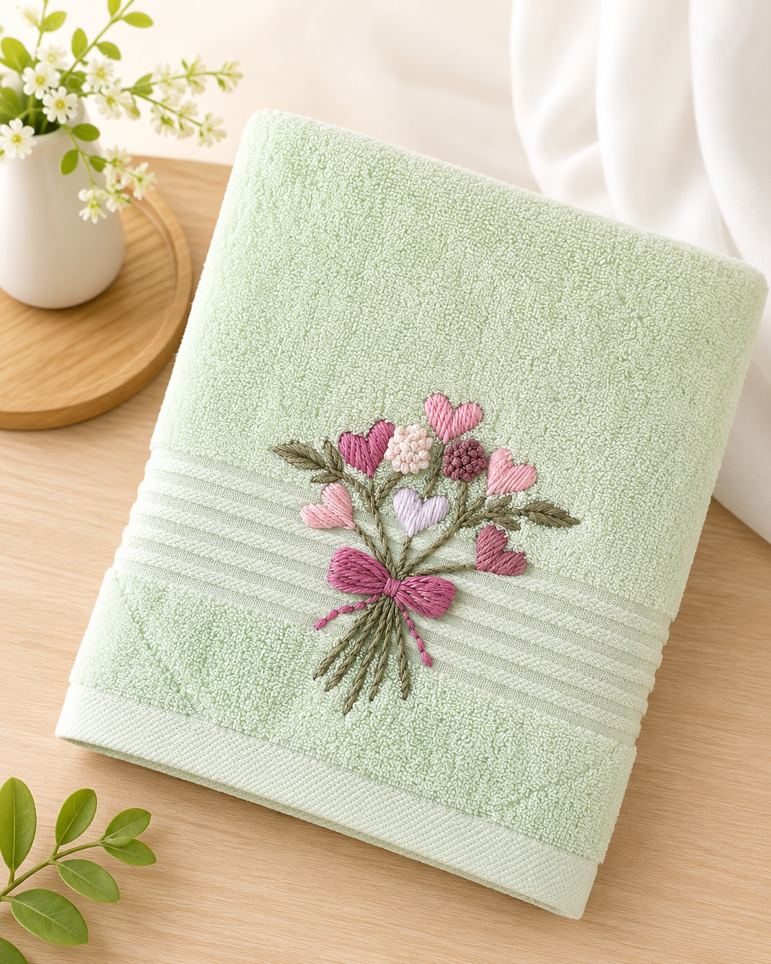 Handmade  face towel , 50 X100 cm , 100% cotton , Hearts design