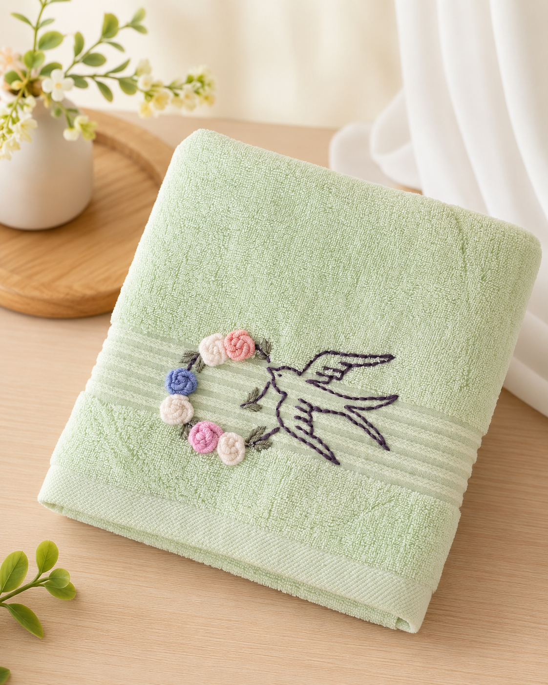 Handmade  face towel , 50 X100 cm , 100% cotton , bird design