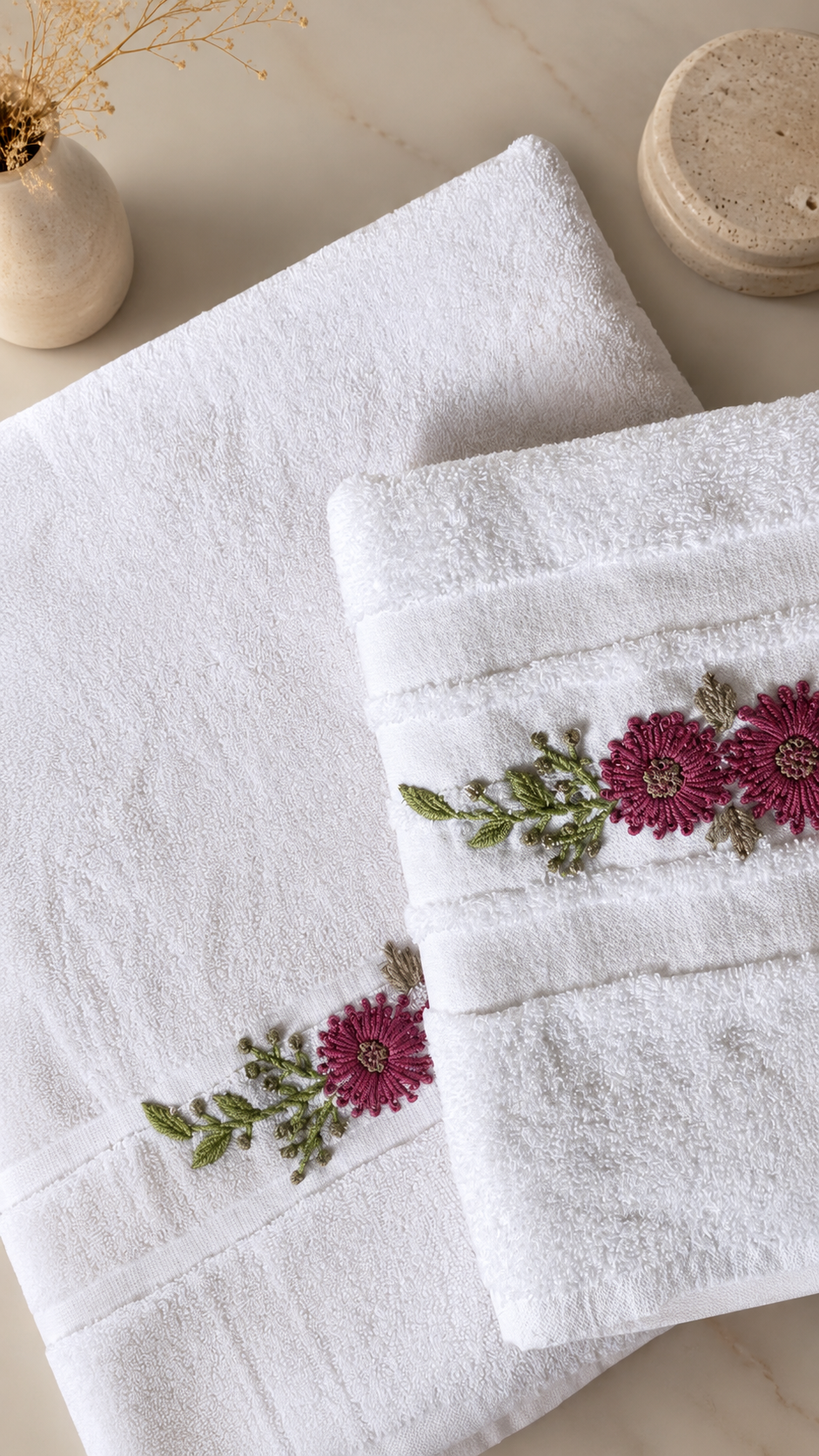 Handmade towel ,100% cotton , mauve flower design