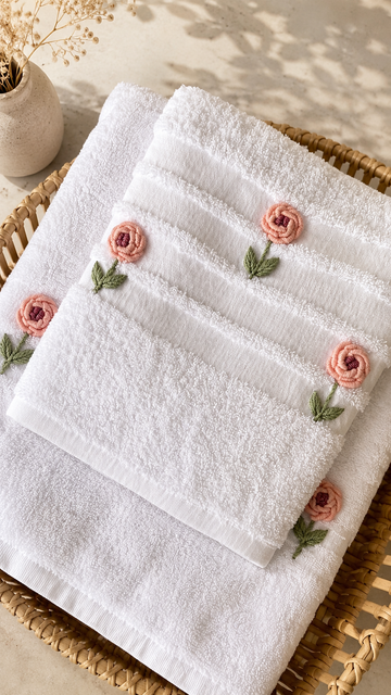 Handmade towel ,100% cotton, Rose flowers design