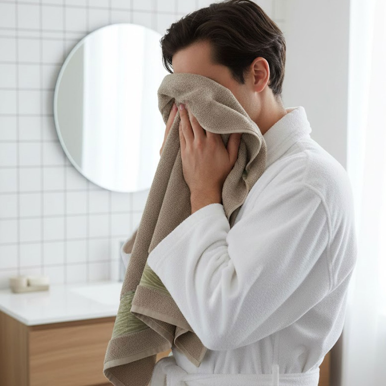 Soft and absorbent cotton towel with a wave-patterned border, perfect for bathroom use.