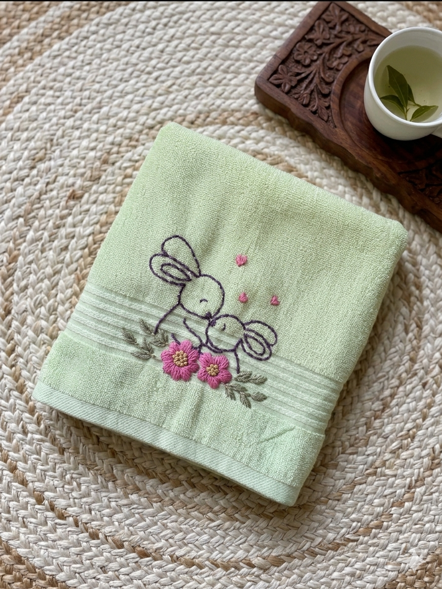 Handmade face towel , 50 X100 cm , 100% cotton ,Mini Rabbits design