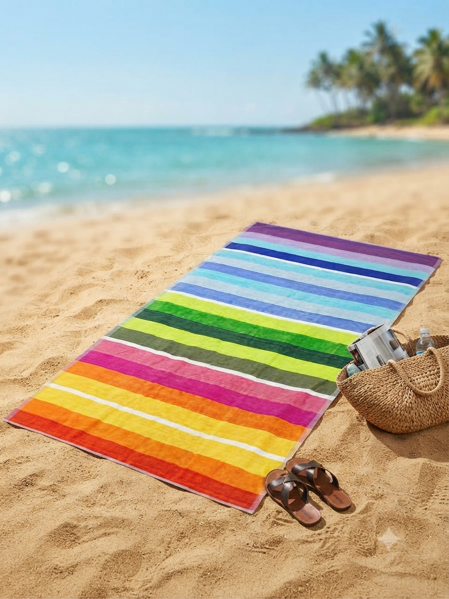 Beach towel ,86 X 160 cm , 100% cotton , Highly absorbent ,Vibrant Rainbow Striped Beach Towel
