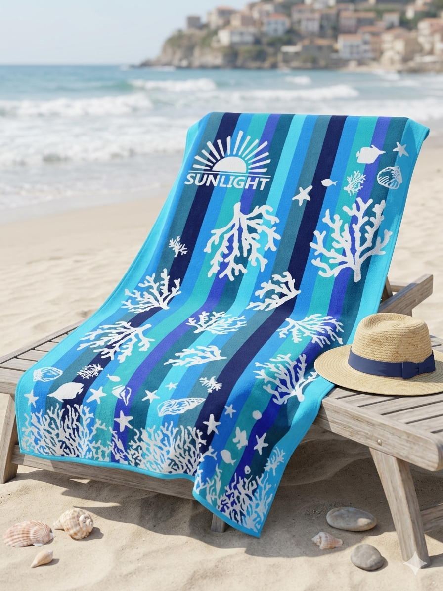 beach towel , 100 X 180 cm , 100% cotton ,Ocean Reef design