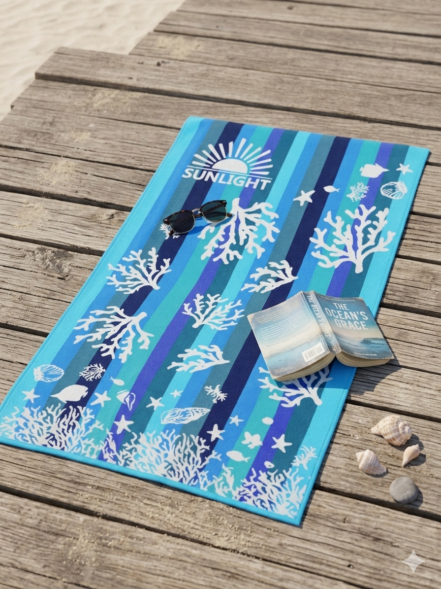 beach towel , 100 X 180 cm , 100% cotton ,Ocean Reef design