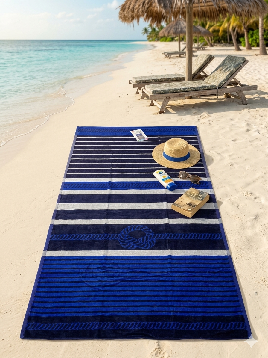 Beach towel , 86 x 170 , 100% cotton ,Highly absorbent ,Nautical Rope-Accented Horizontal Stripe Beach Towel