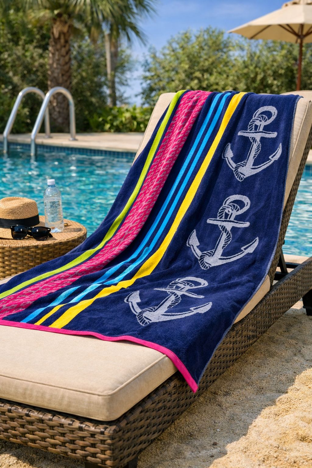 Beach Towel, 100% Cotton, Size 135 x 165 cm, Triple Anchor Nautical Stripe