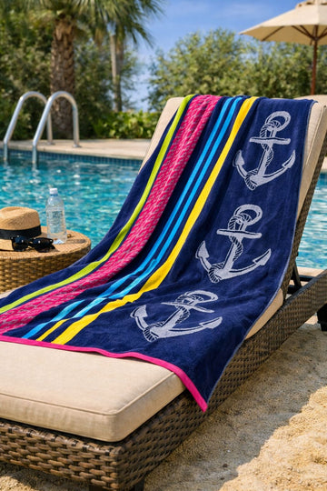 Beach Towel, 100% Cotton, Size 135 x 165 cm, Triple Anchor Nautical Stripe