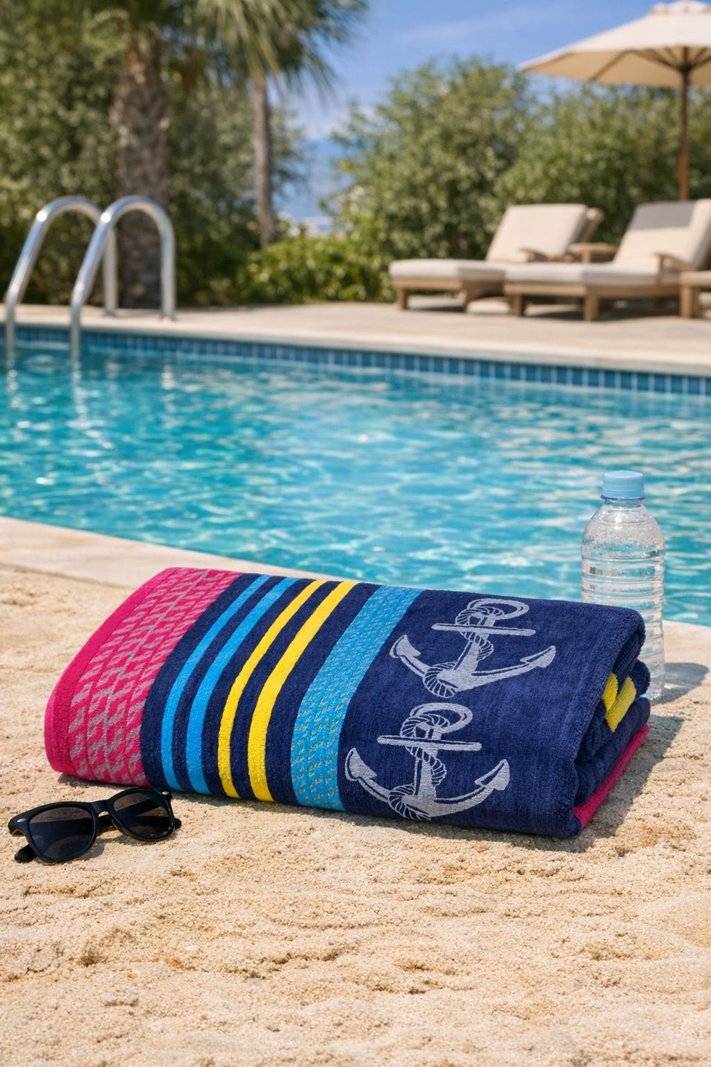Beach Towel, 100% Cotton, Size 135 x 165 cm, Triple Anchor Nautical Stripe