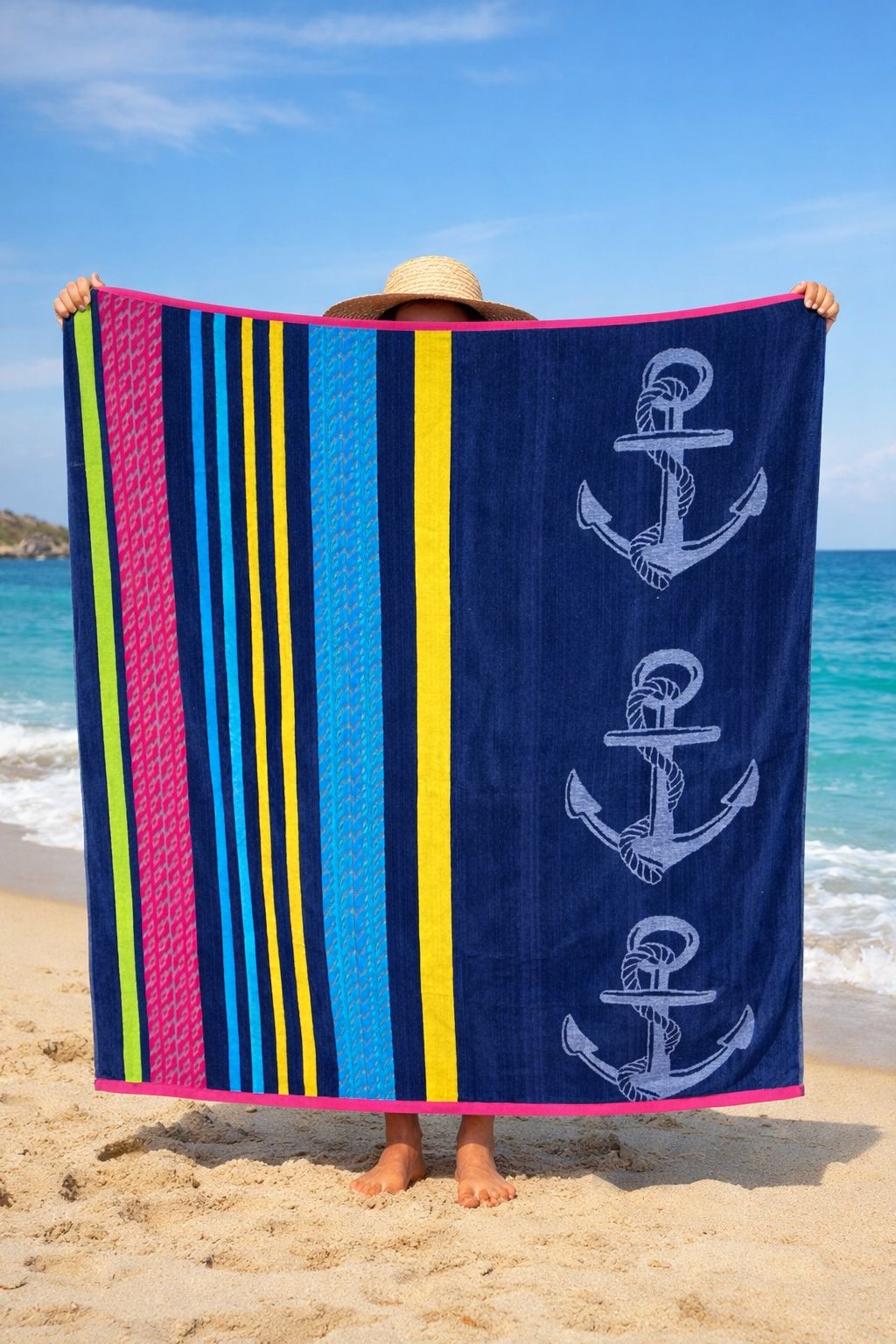 Beach Towel, 100% Cotton, Size 135 x 165 cm, Triple Anchor Nautical Stripe