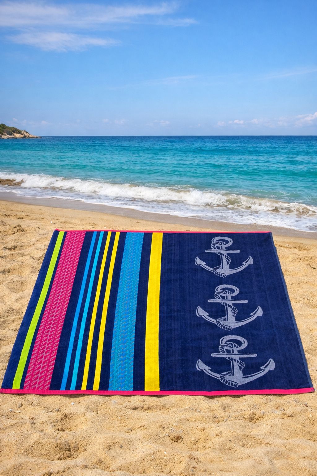 Beach Towel, 100% Cotton ,size 135 x 165  cm , Triple Anchor Nautical Stripe