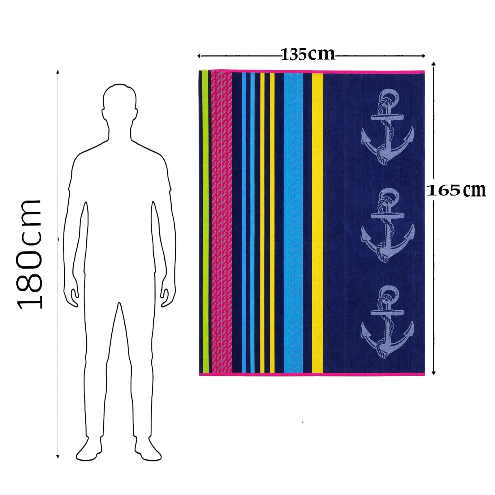 Beach Towel, 100% Cotton, Size 135 x 165 cm, Triple Anchor Nautical Stripe
