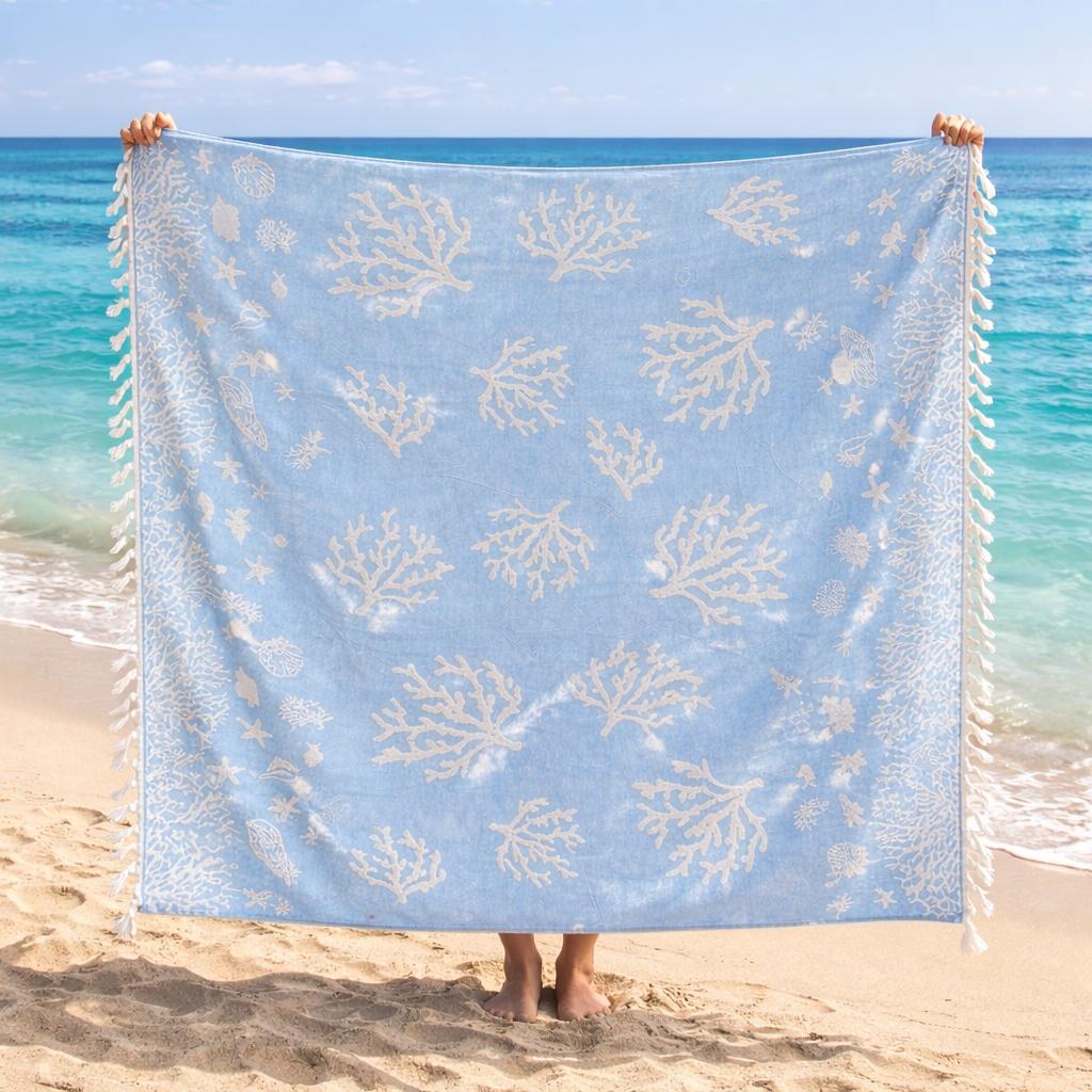 Beach Towel, 100% Cotton ,size 135 x 165  cm , Elegant Coral Reef Coastal