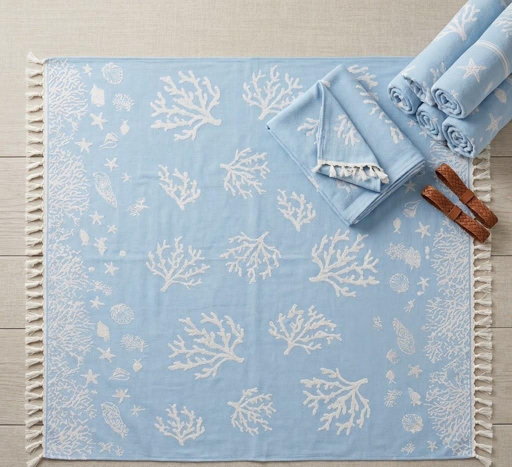 Beach Towel, 100% Cotton ,size 135 x 165  cm , Elegant Coral Reef Coastal