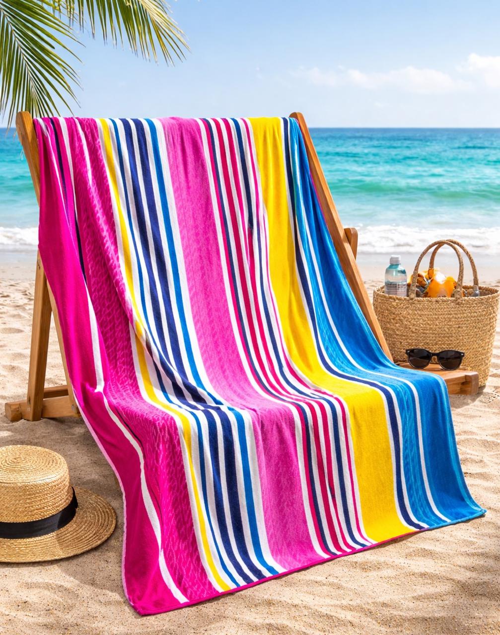 Beach Towel, 100% Cotton, Size 135 x 165 cm, Vibrant Multicolor Striped